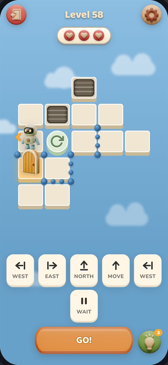 Robot GO! puzzle board with movement commands queued below