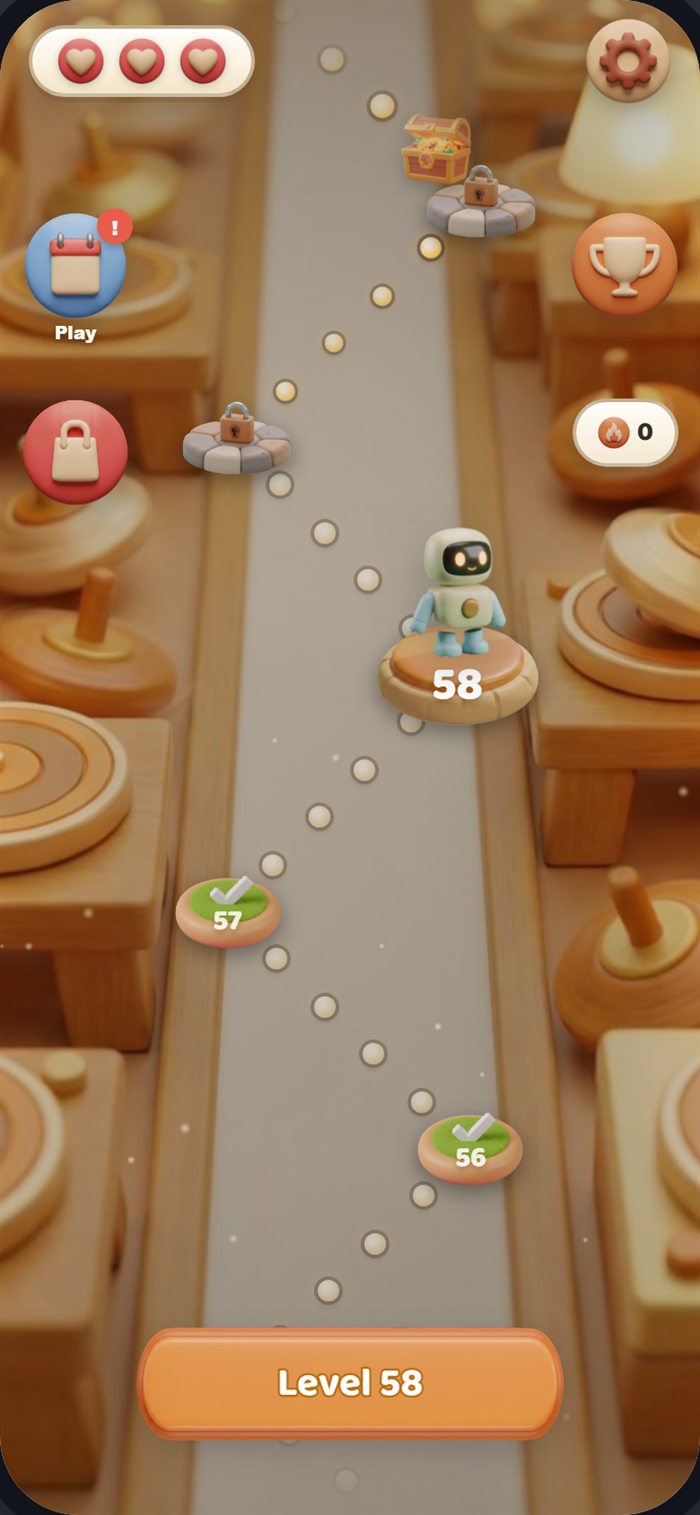 Robot GO! level map winding through a toymaker's workshop