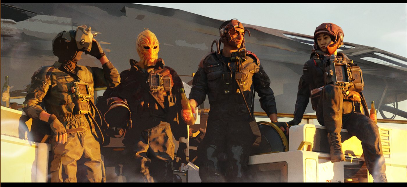Star Squadron pilots resting beside their fighters at sunset